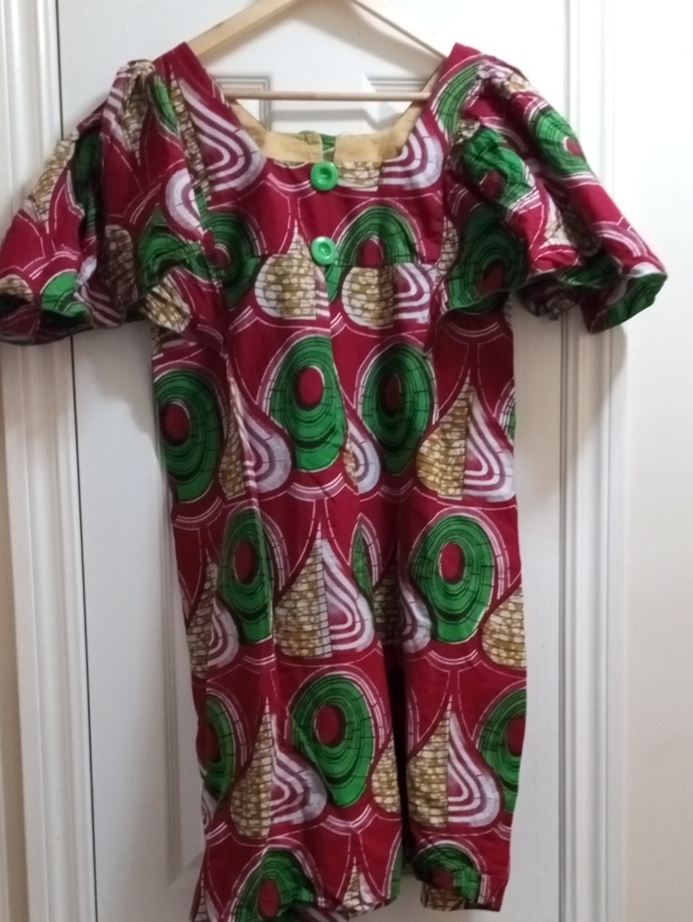 💲1⃣▶VINTAGE Bust 44 L 30 RedPatterned Puff-Sleeve Casual Dress withGreenAccents